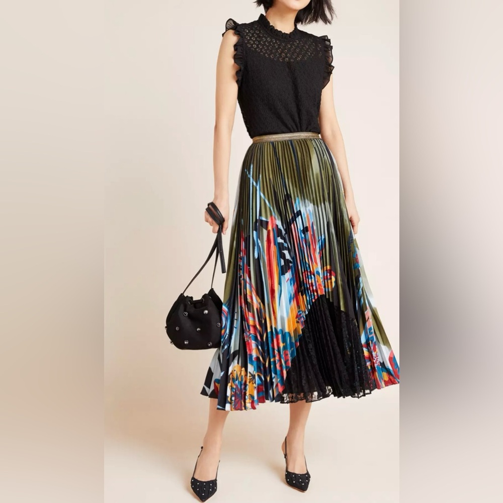 NWOT Geisha Designs Lisabetta Pleated Full Midi Skirt W/ Elastic Waist XS